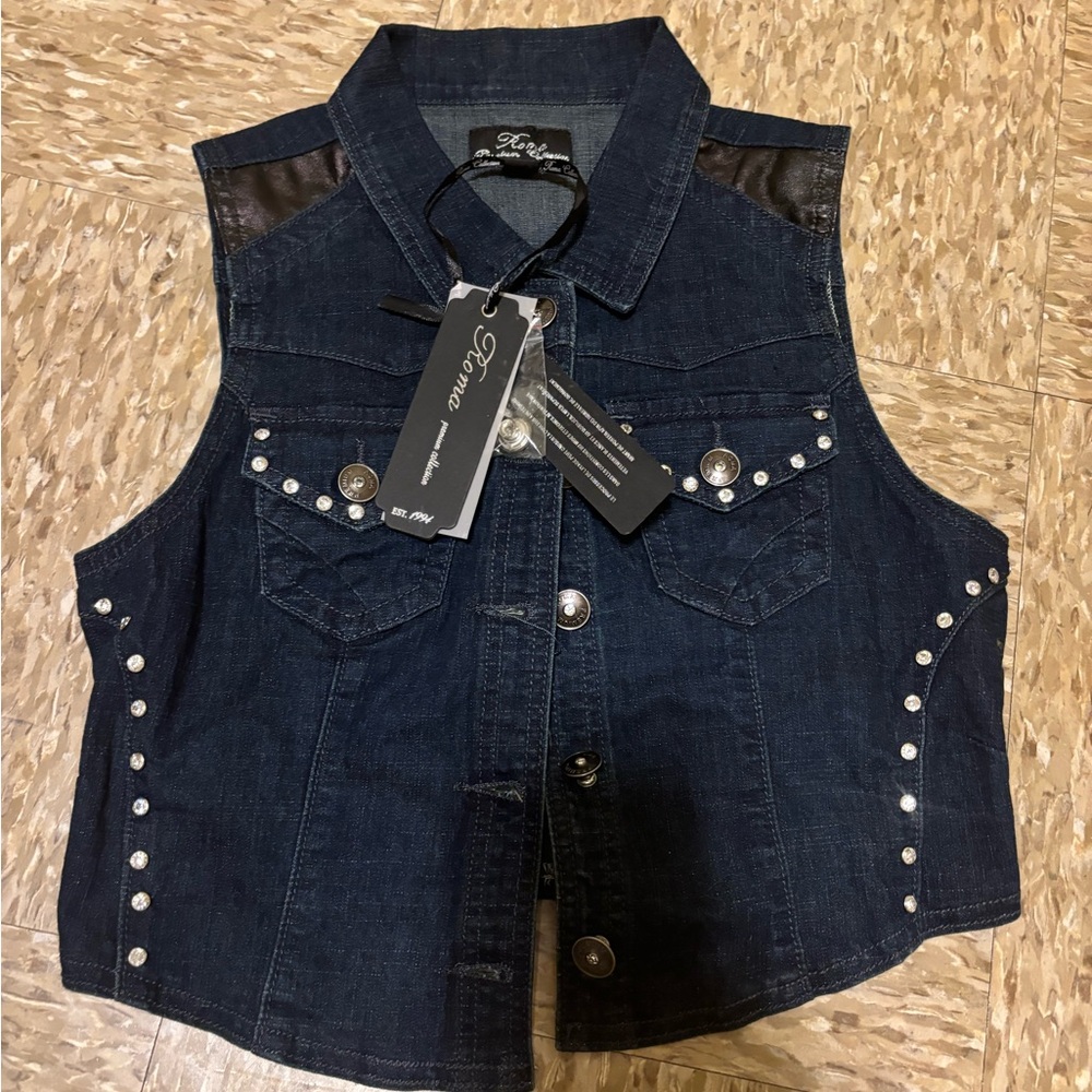 Roma Premium Collection Denim Vest with Rhinestone & Silver Accents